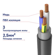 Медный трехжильный гибкий кабель 3х2,5 кв. мм, не распространяющий горение.